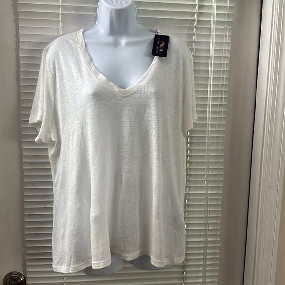 Polo White Linen Short Sleeve V-Neck Logo Top - Picture 1 of 9